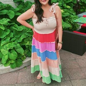 Southern Boutique Rainbow Stripe Ruffle Maxi Dress, size L